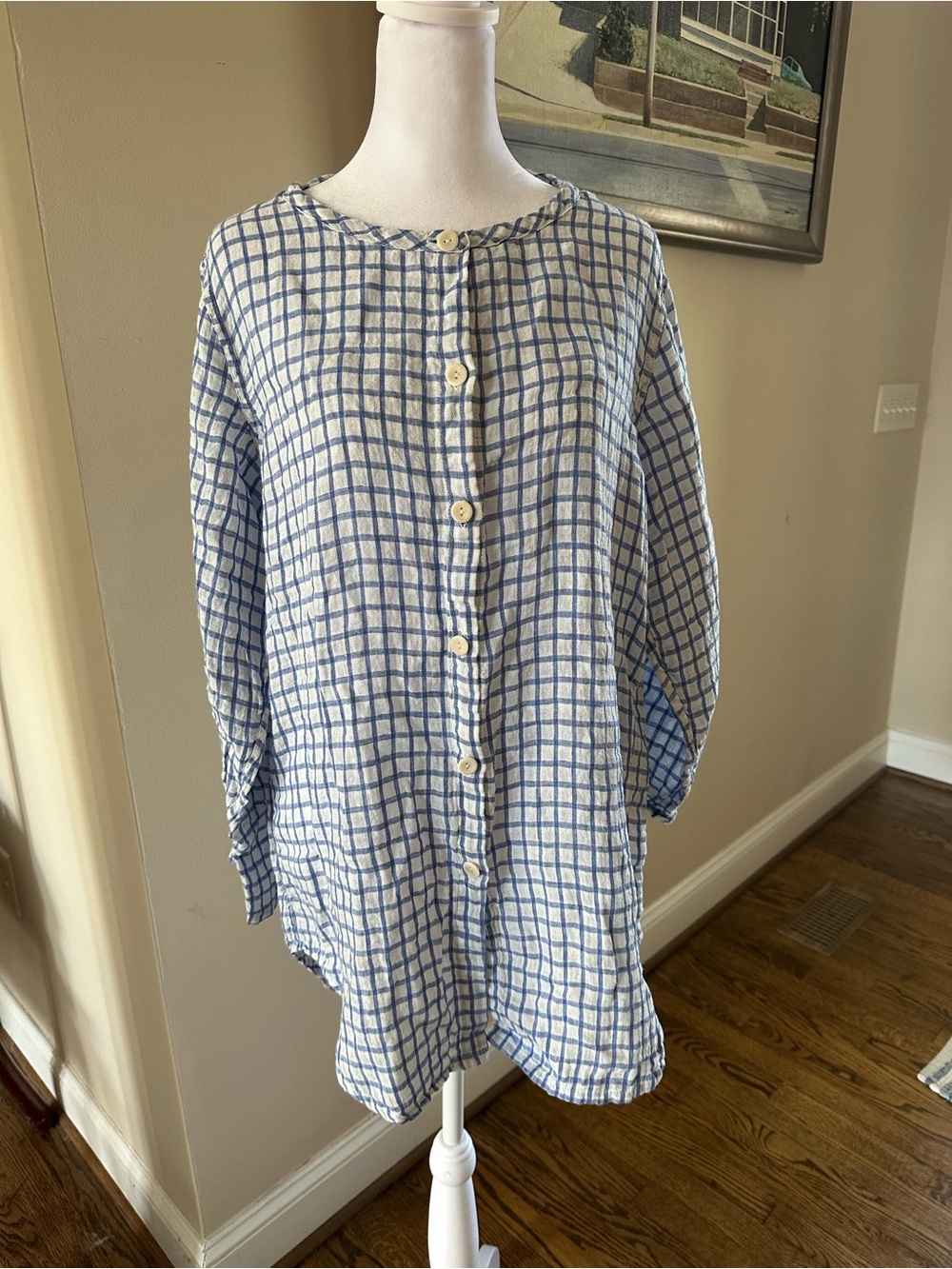 Flax Blue and White Checked 100% Linen Long Tunic Button Front Sz P
